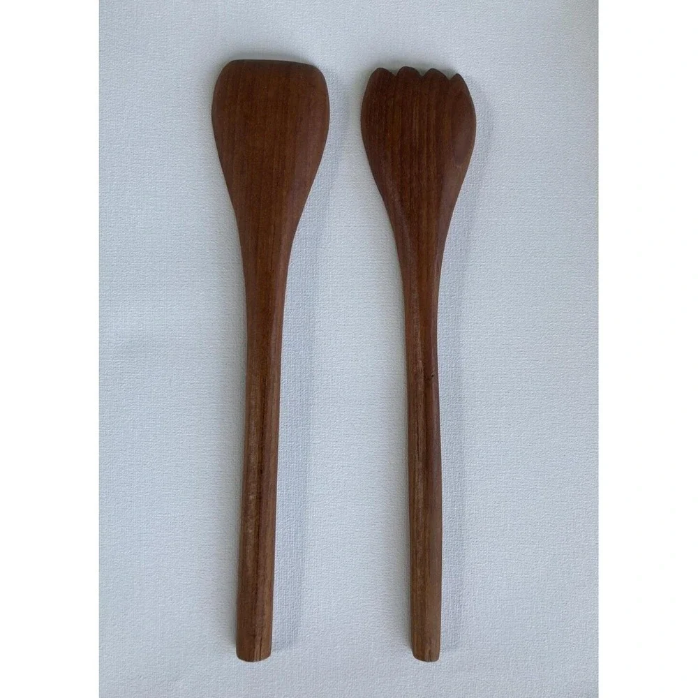 Vtg Teak Wood Salad Serving Set Spoon and Fork Salad Utensils MCM